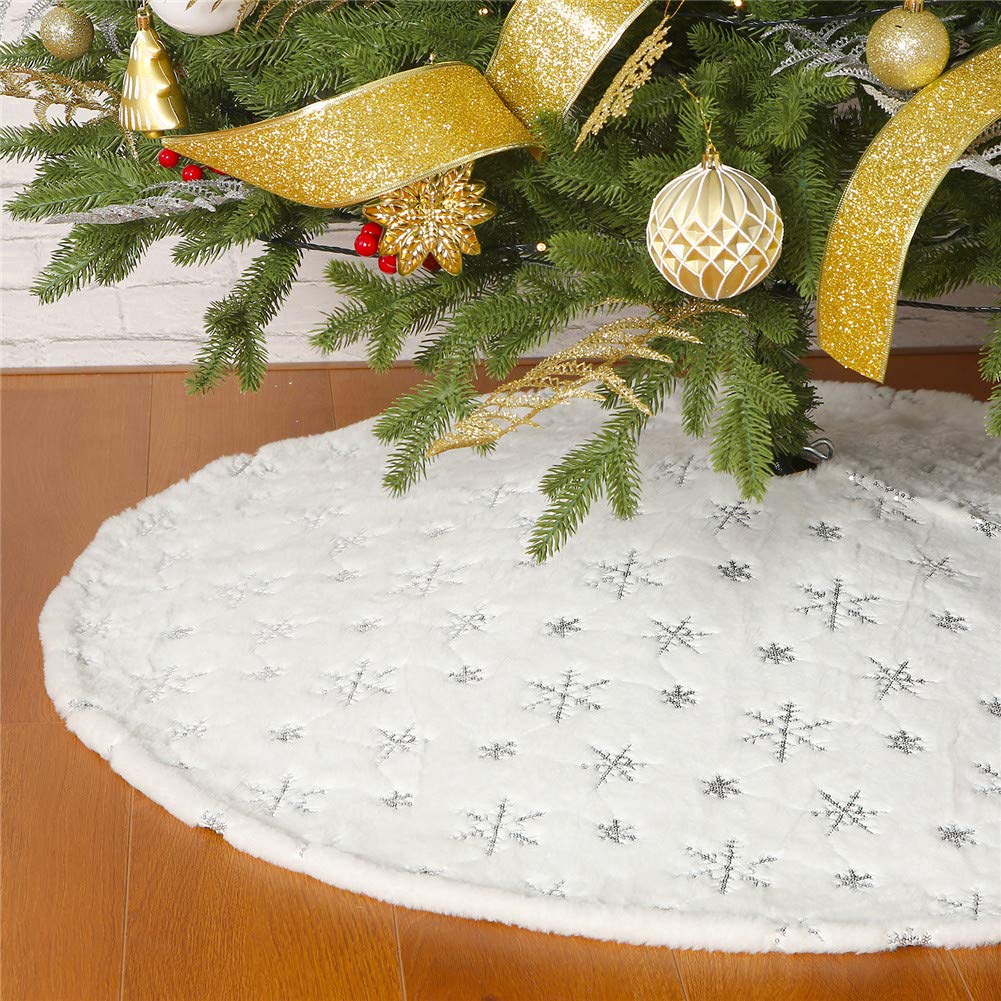Photo 1 of Christmas Sequin Tree Skirt 30in,White Soft Thick with Silver Snowflakes Decorations for 3FT 4FT 5FT Xmas Tree