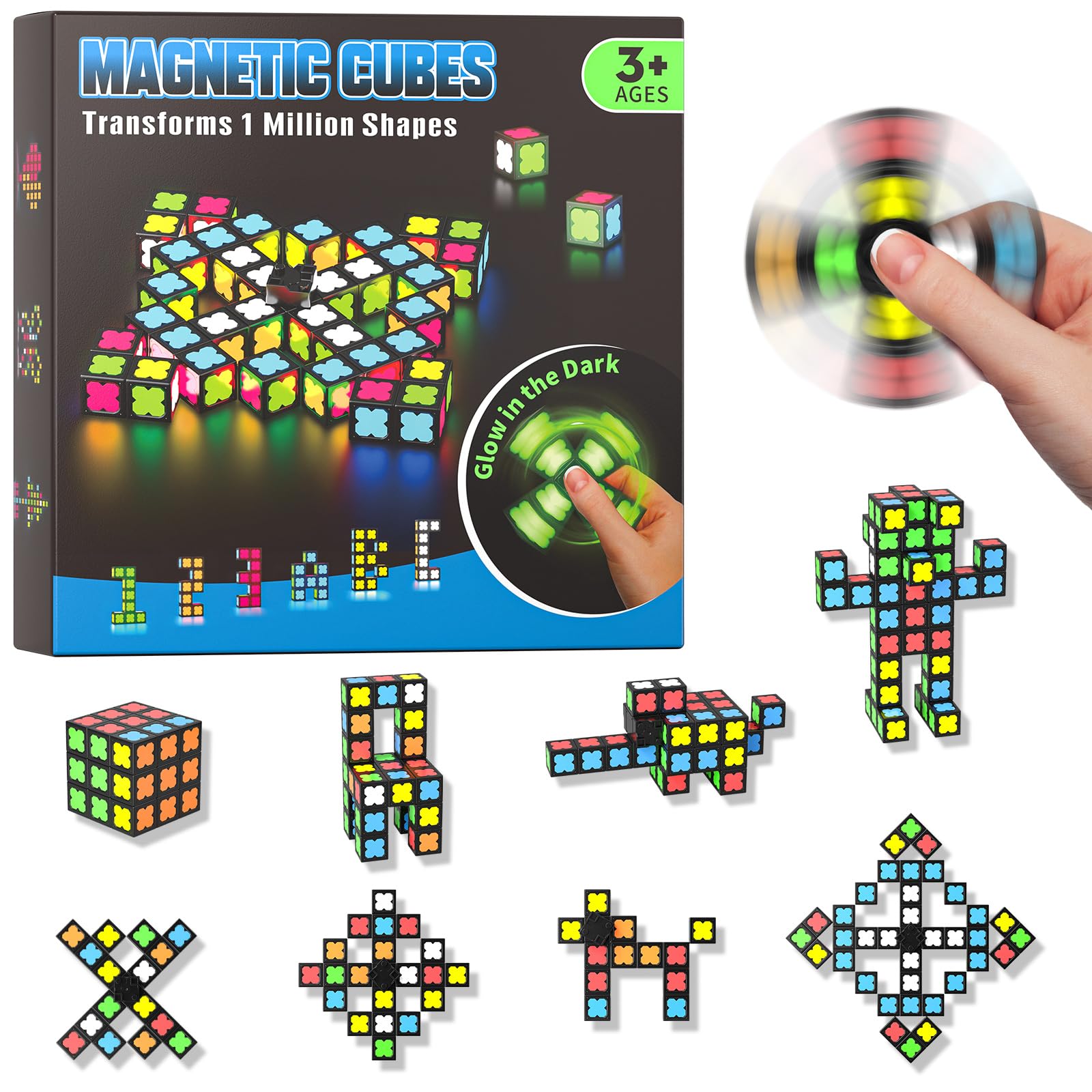 Magnetic Fidget Toy for Kids, Teens, Adults, Fidget Spinner Toys with 36 Glow in the Dark Magnetic Blocks, DIY Spin Top Hand, Creative Fingertip Magnet Toys Gifts for ADHD Autism, STEM Sensory Toy