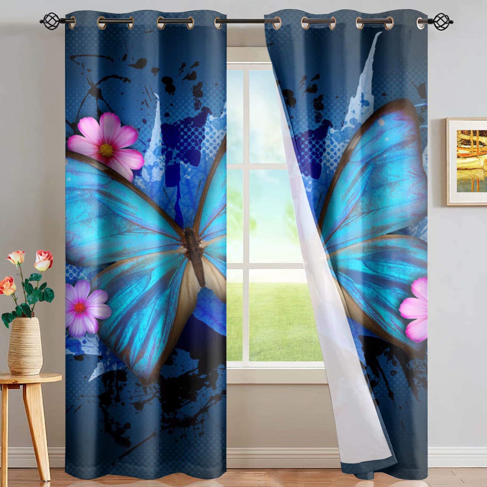 MODEGA Blue Thermal Insulated Blackout Draperies Panels, Black Out Curtain for Kids Bedroom Decoration, Set of 2 Windows Drapery Panel Eyelet Curtains, Blue Butterfly with Plumeria Floral