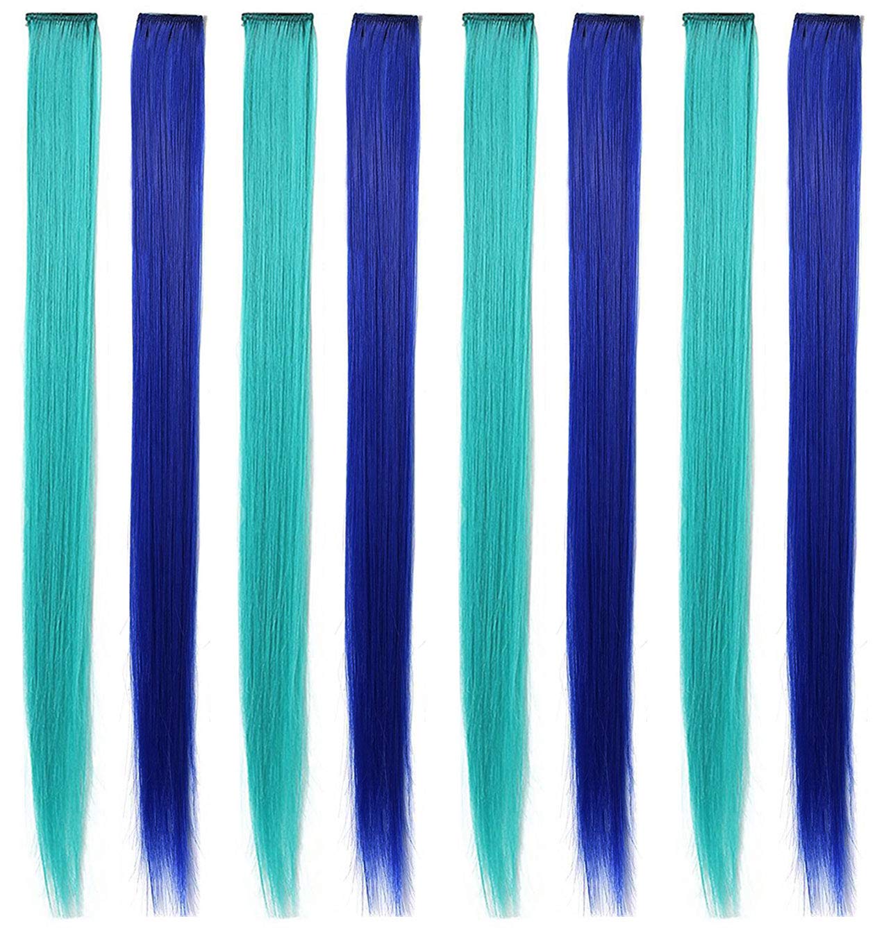 MOSCSMDY 8PCS Blue Teal Hair Accessories Clip in Colored Hair Extensions Multi-Colored Wig Pieces Colorful Party Highlights Synthetic Straight Haripieces for Women