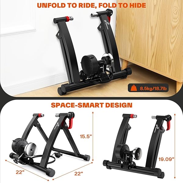 SPORTNEER BIKE TRAINER – MAGNETIC STATIONARY BIKE STAND FOR 26-28″ & 700C WHEELS – ADJUSTABLE 6 LEVEL RESISTANCE BIKE TRAINER STAND FOR INDOOR RIDING WITH QUICK RELEASE LEVER & FRONT WHEEL RISER BLOCK
