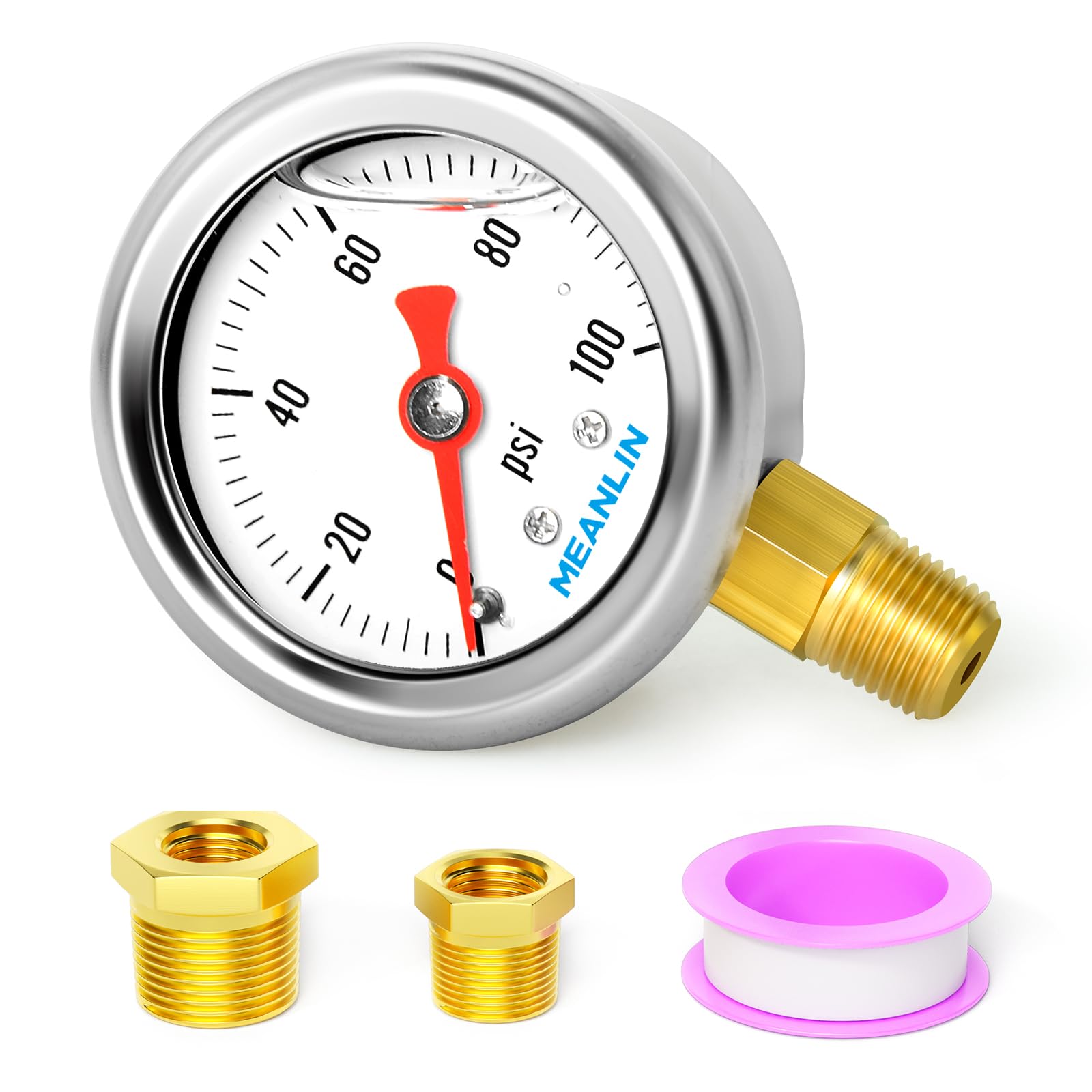 Photo 1 of MEANLIN MEASURE 0~100Psi Stainless Steel 1/8" NPT 1.5" FACE DIAL, Glycerin Filled Pressure Gauge, Liquid Filled, Water Oil Air, Lower Mount, with 1/8" x 1/4" NPT and 1/8" x 3/8" NPT Hex Bushing