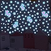 Glow in The Dark Unicorns Wall Decals Unicorns Stars Wall Stickers Blue Luminous Glow Stars Moon Ceiling Stickers Decor for Baby Girls Boys Bedroom Ceiling Nursery Room Decor