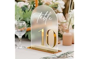 HOODO Frosted Arch Acrylic Wedding Table Numbers 1-10 with Stands, 5"x7" Arched Acrylic Signs with 3D Gold Numbers, Frosted 3