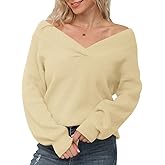 Feiersi Women's Off Shoulder Sweater Long Sleeve Loose Tops V-Neck Pullover Knit Jumper