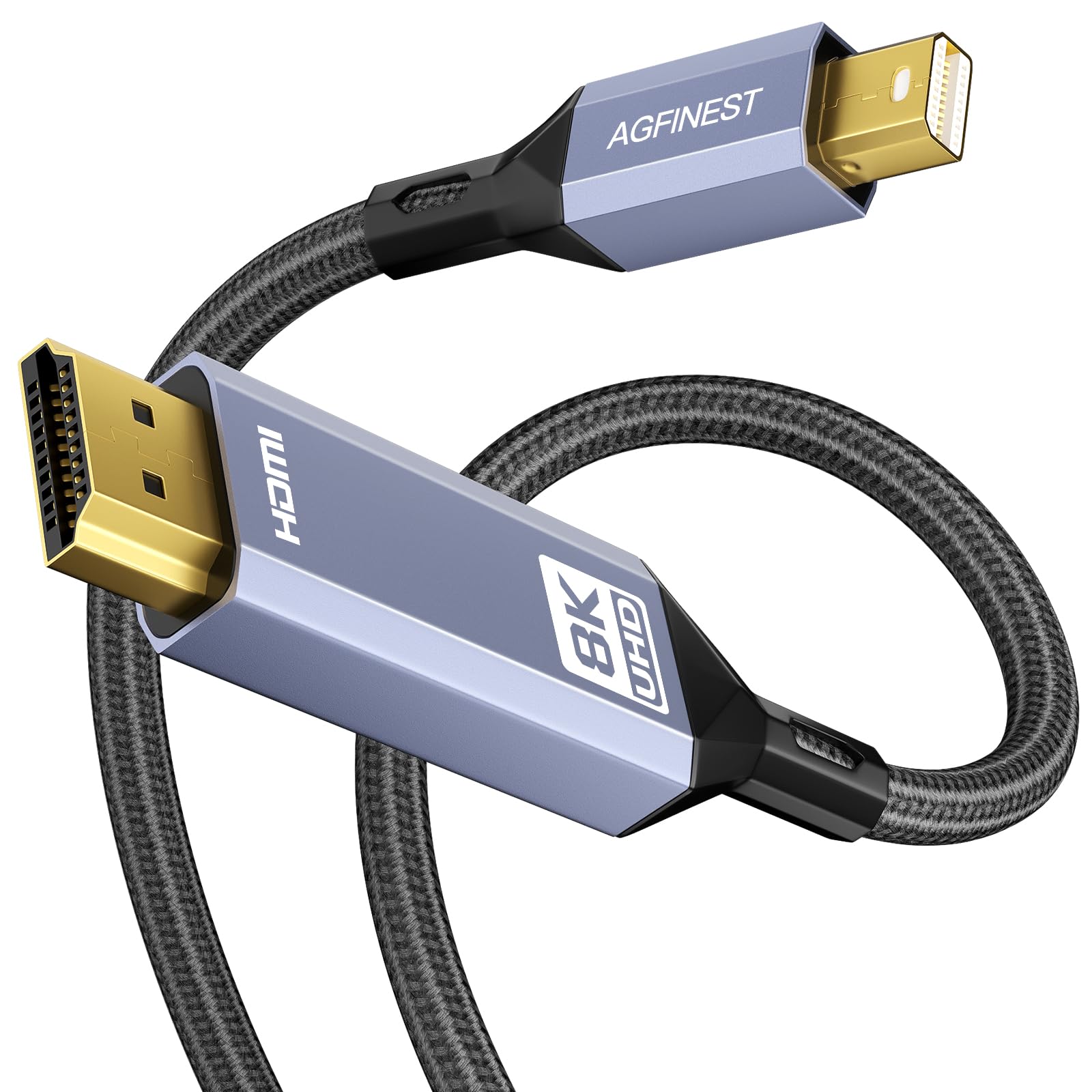Photo 1 of Mini DisplayPort to HDMI Cable 6ft - 8K@60Hz 4K@120Hz Unidirectional Mini DP1.4 to HDMI, Nylon Braided Aluminum Shell Gold Plated Connectors, Compatible with MacBook iMac Surface Dell Lenovo Laptop PC