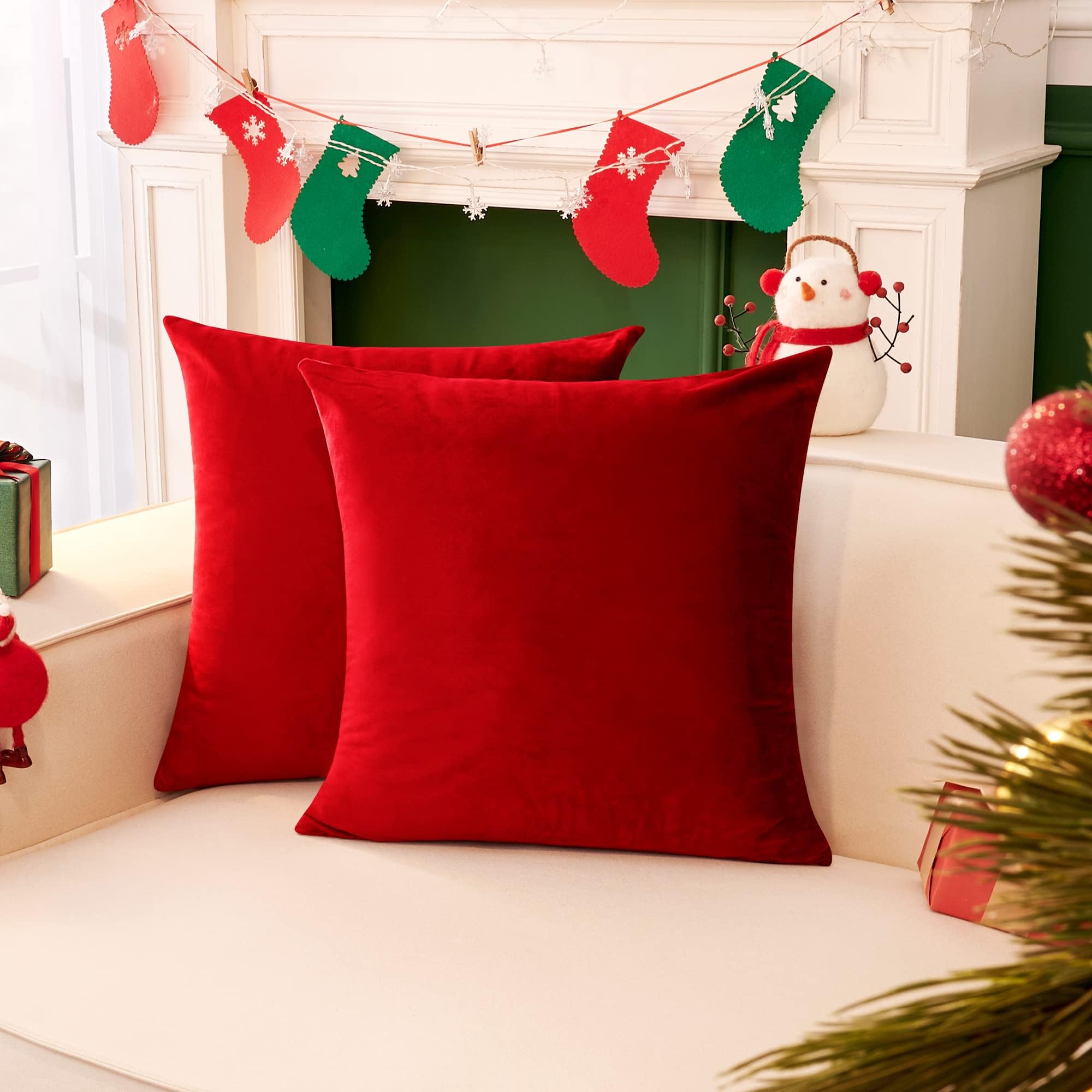 Photo 1 of Deconovo Decorative Velvet Throw Pillow Covers 16x16 Inch Set of 2, Soft Square Cushion Cases for Couch Sofa Living Room Decor Bedroom Outdoor Right Red Pillow Covers with Invisible Zipper