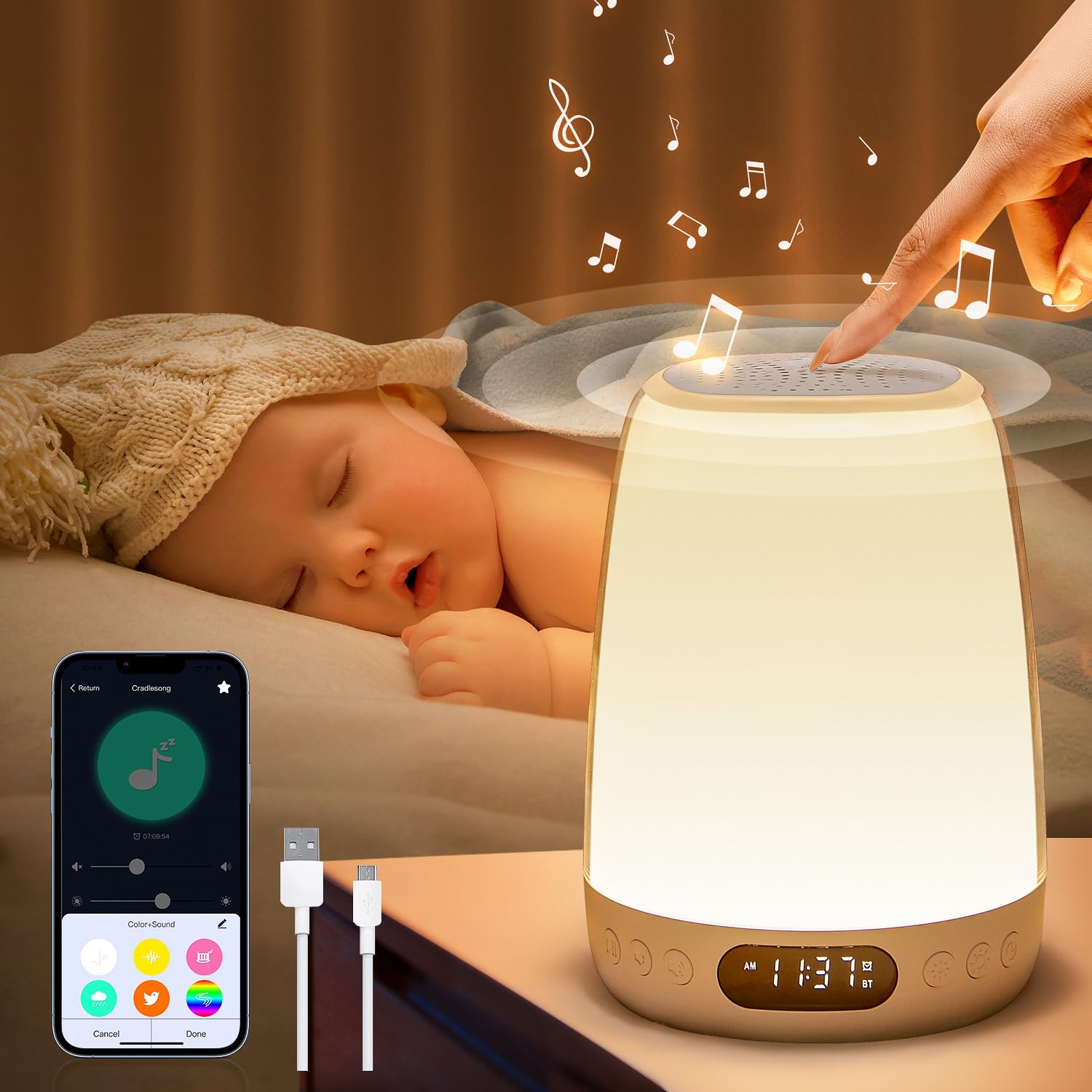 Baby Night Light Kids Night Light, 48 Colors+14 White Noises Toddler Night Light Baby, Dimmable+APP Kids Night Light Bedroom,3000mAh Battery Lamp Rechargeable Lamp for Bedroom,Touch Lamps Bedside Lamp