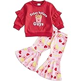 SAYOO Toddler Girl Valentine’s Day Outfits XOXO Letter Print Ruffle Sleeve Sweatshirt+Flare Pants Set Spring Heart Clothes