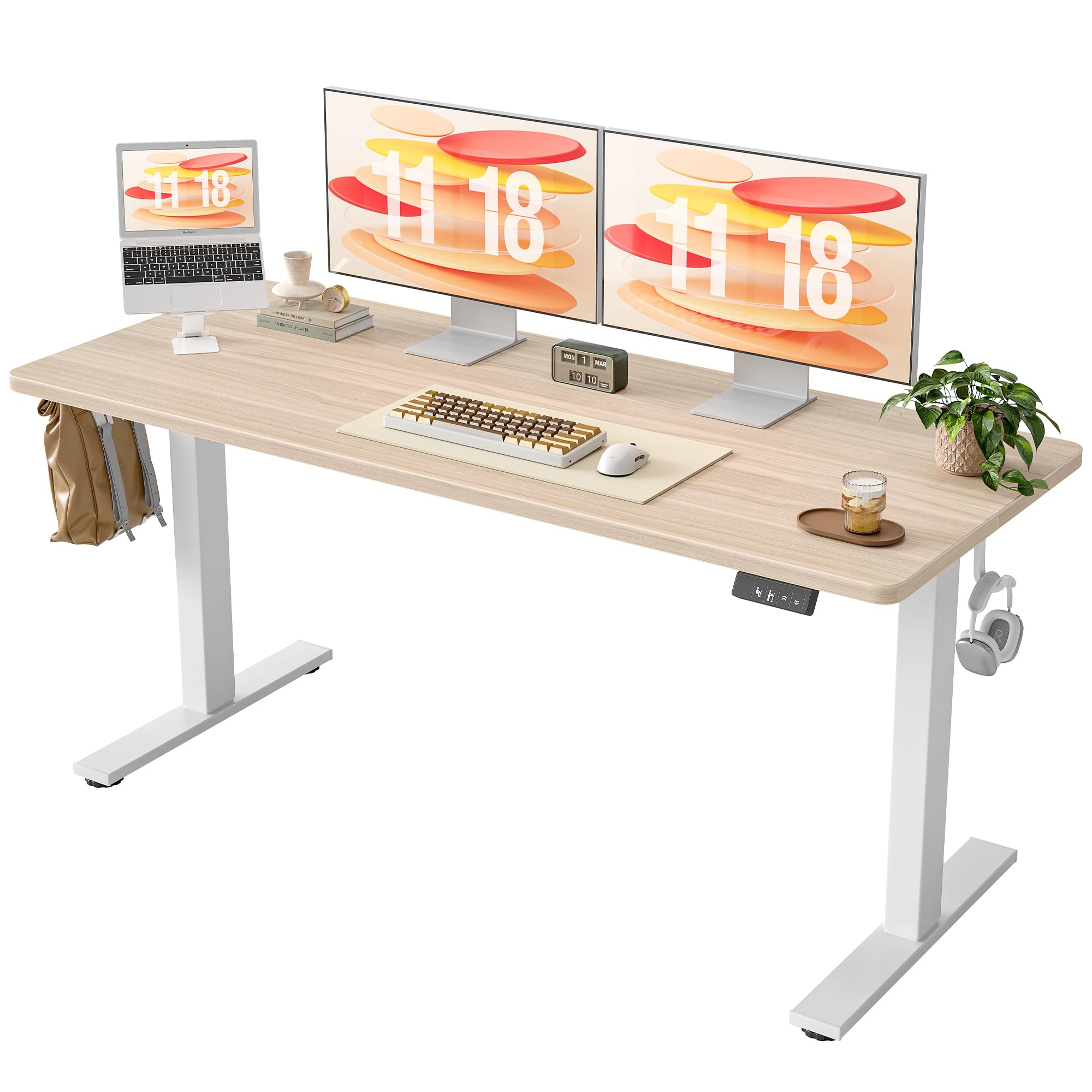 TIQLAB Electric Standing Desk, Adjustable Height Stand up Desk, 63 * 24 Inches Sit Stand Home Office Table with Splice Board, Light Walnut Image