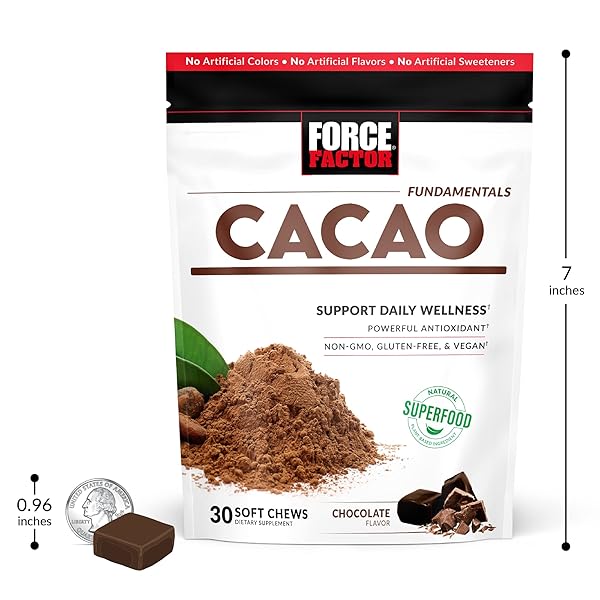FORCE FACTOR CACAO SOFT CHEWS TO BOOST ENERGY AND IMMUNITY, POWERFUL SUPERFOOD AND ANTIOXIDANTS SUPPLEMENT MADE WITH PREMIUM CACAO, NON-GMO, GLUTEN-FREE, AND VEGAN, CHOCOLATE FLAVOR, 30 SOFT CHEWS