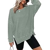 Vidifid Womens Oversized Sweatshirts Crewneck Waffle Knit Casual Pullover Blouses Long Sleeve Side Slit Sweatshirt Tops S-2XL