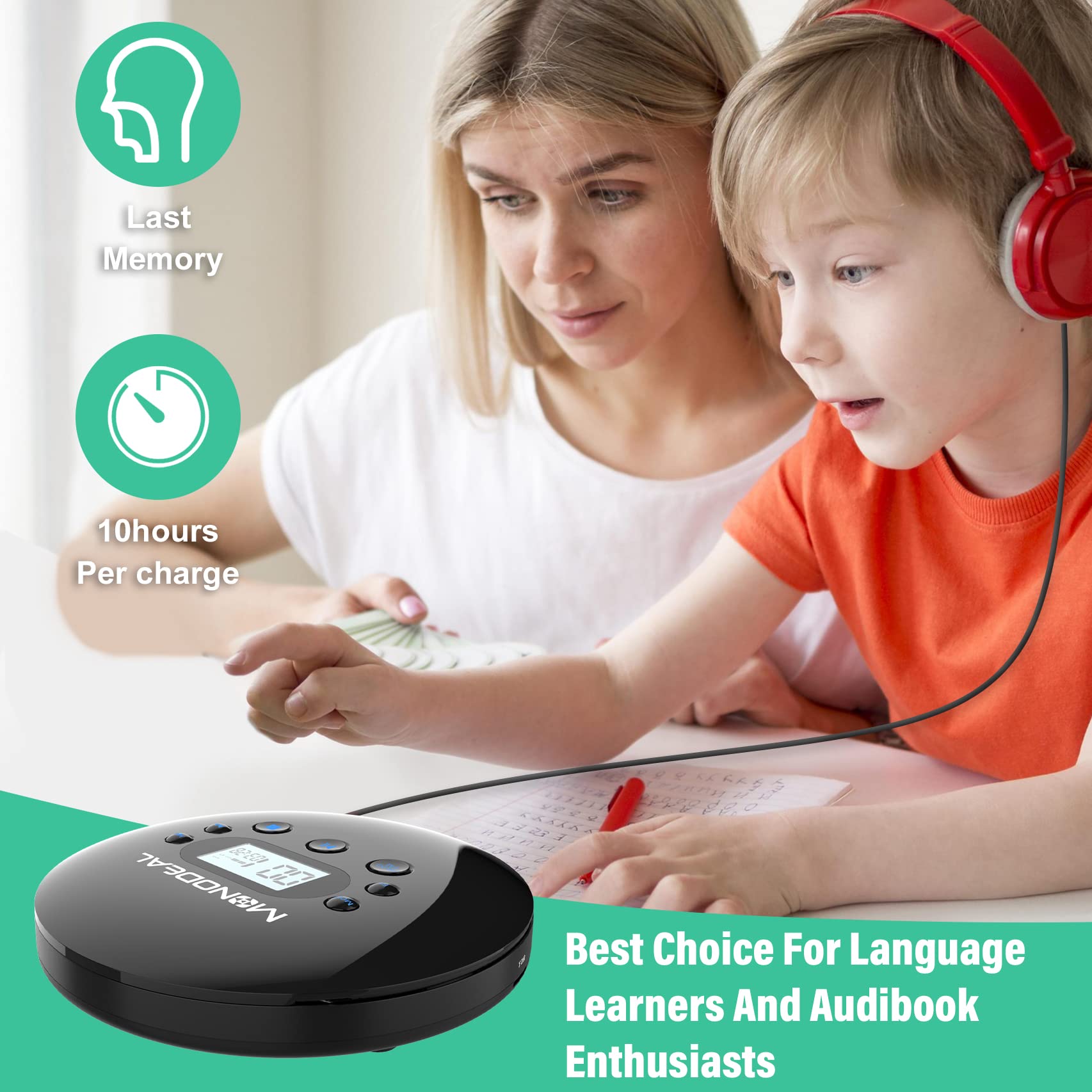 MONODEAL CD Player Portable, Portable CD Player with FM Transmitter, Rechargeable CD Player for Car for Home Travel with Anti-Skip Protection Compact CD Player with Headphones