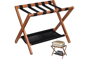 BETSEO Luggage Rack (Pack of 1) Folding Suitcase Stand with Storage Shelf, for Guest Room, Suitcase Stand, Hotel, Bedroom, Heavy-Duty, Holds up to 130 lbs, Upgraded Wood Foldable Suitcase with 5 Nylon Straps