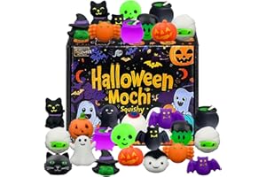 CHERISLPY 24 Pcs Halloween Mochi Squishy Toys with Gift Box Mini Kawaii Mochi Squeeze Toy Stress Reliever Anxiety Packs for Kids Party Favors Halloween Miniatures Halloween Treat Bags Gifts