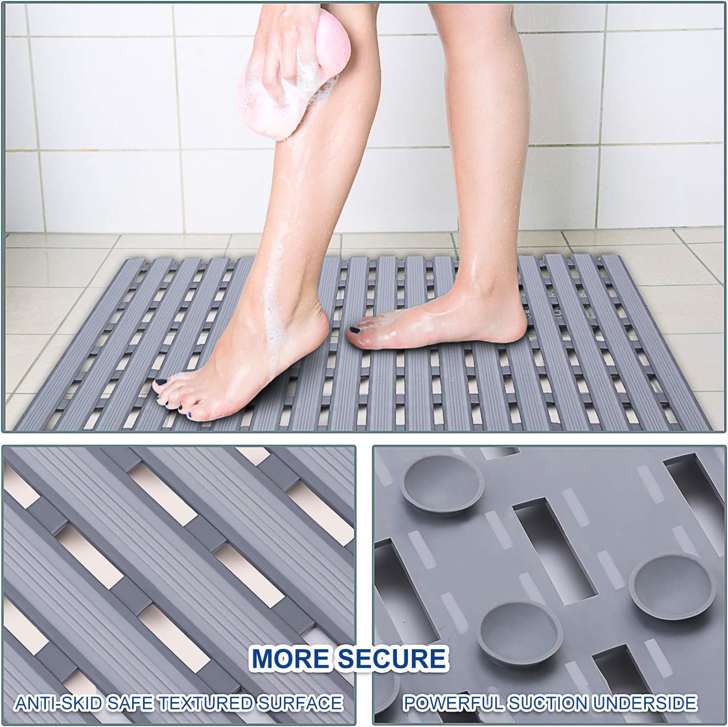 KMAT Shower Mat Non Slip Bathtub Mats Bath Mats for Shower Tub with Suction Cups and Drain Holes,Bathmat Bath Tub Mat (BPA, Latex, Phthalate Free)-Grey: Home & Kitchen