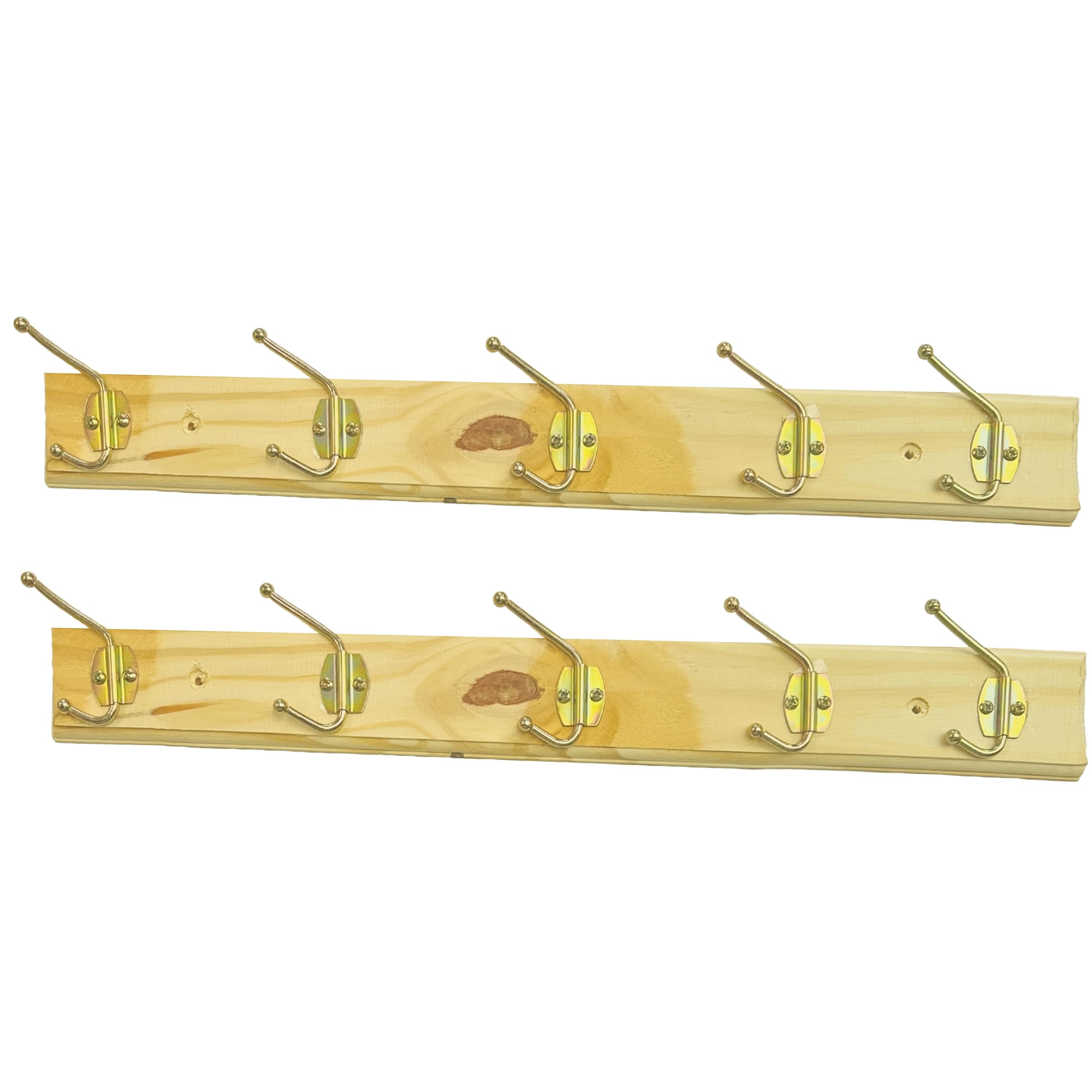 Lizzy Wall Mounted Coat Hanger | 5 Double Metal Hooks | Wooden Board Wall Mounted Coat Hook Rack Hanger | Pack of 2 (Natural Pine Wood)