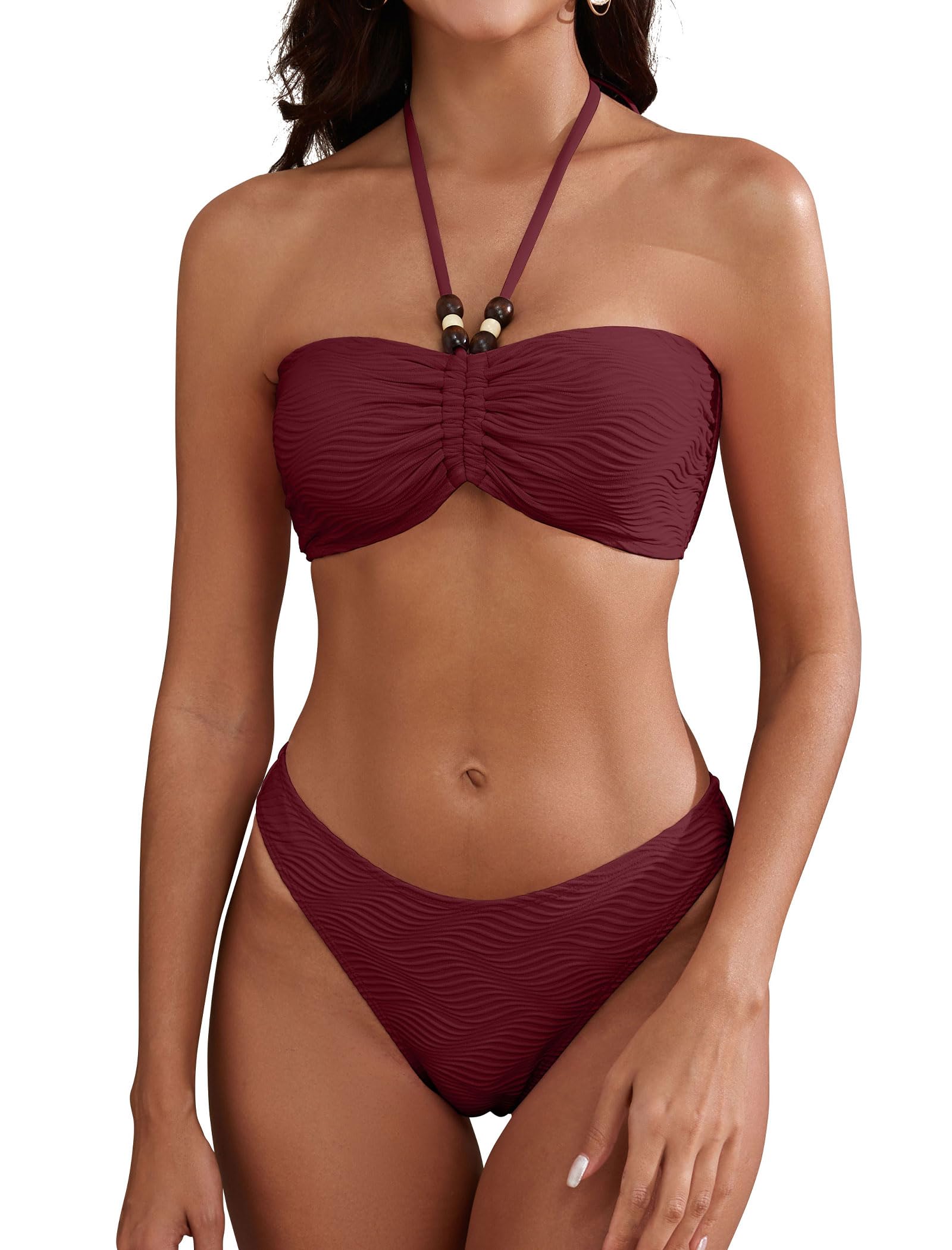Photo 1 of ZAFUL Women's Halter Bandeau Bikini Beaded Tie Back String Bikini Set Push Up Two Piece Swimsuit Bathing Suits (1-Wine Red16, S)