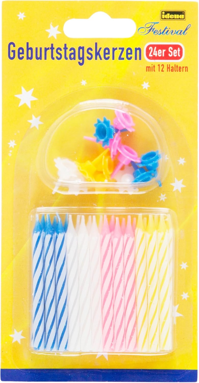 Idena 408210 Birthday Candles Set including Holders, 24 Candles and 12 Holders, Cake Candles, Happy Birthday, Party