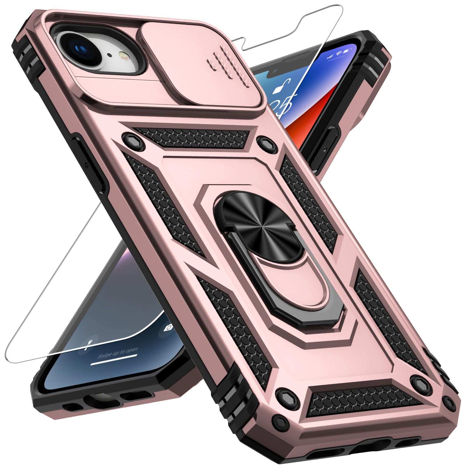 Weycolor for iPhone 16e Case with Camera Lens Cover, HD Screen Protector, 10 FT Military Grade Drop Protection, Magnetic Ring Holder Kickstand Protective Phone Case, Rose Gold