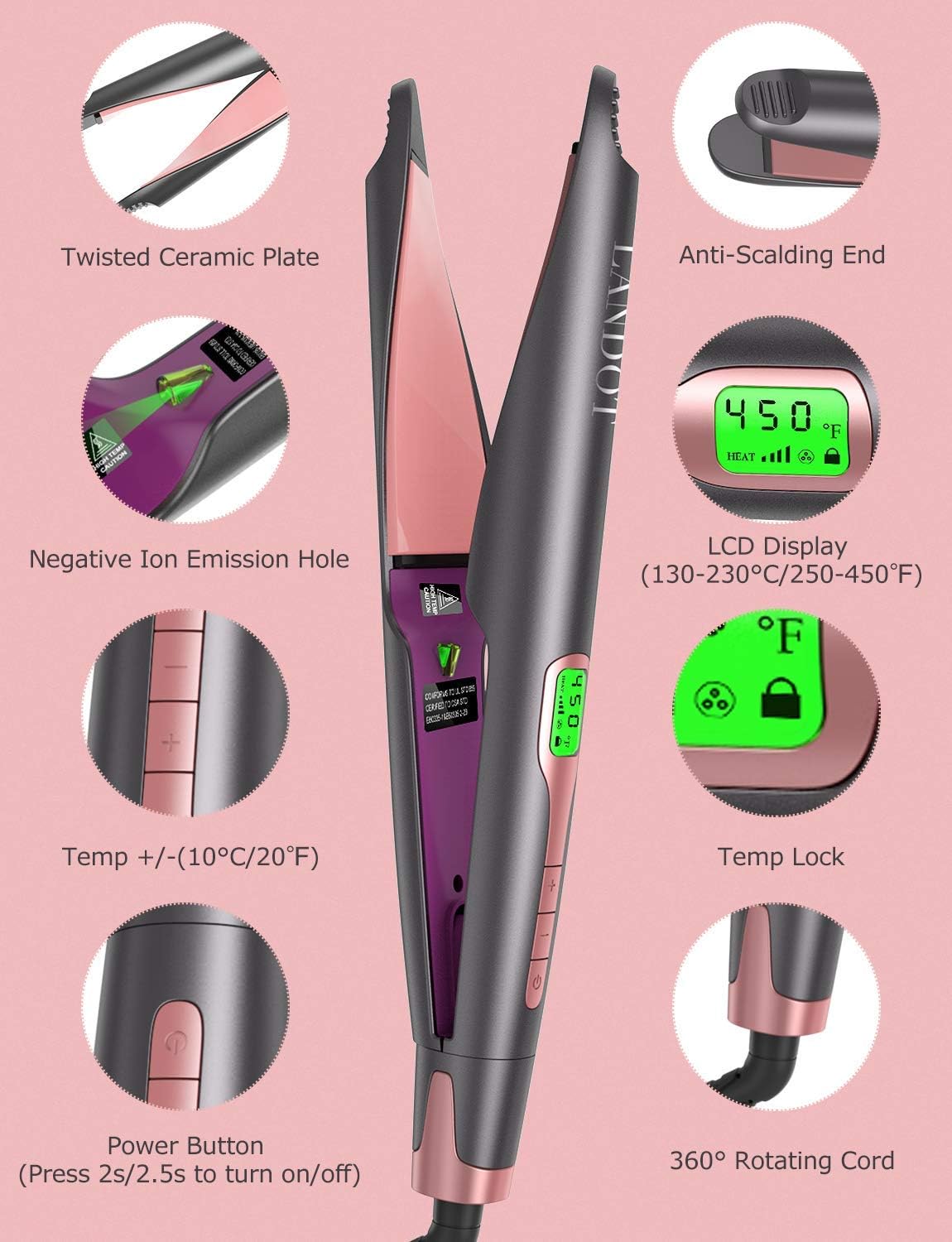 LANDOT Hair Straightener and Curler 2 in 1, Twist Straightening Curling Iron, Professional Negative Ion Flat Iron with Adjustable Temp for All Hair Types, Instant Heating, Dual Voltage: Health & Personal Care