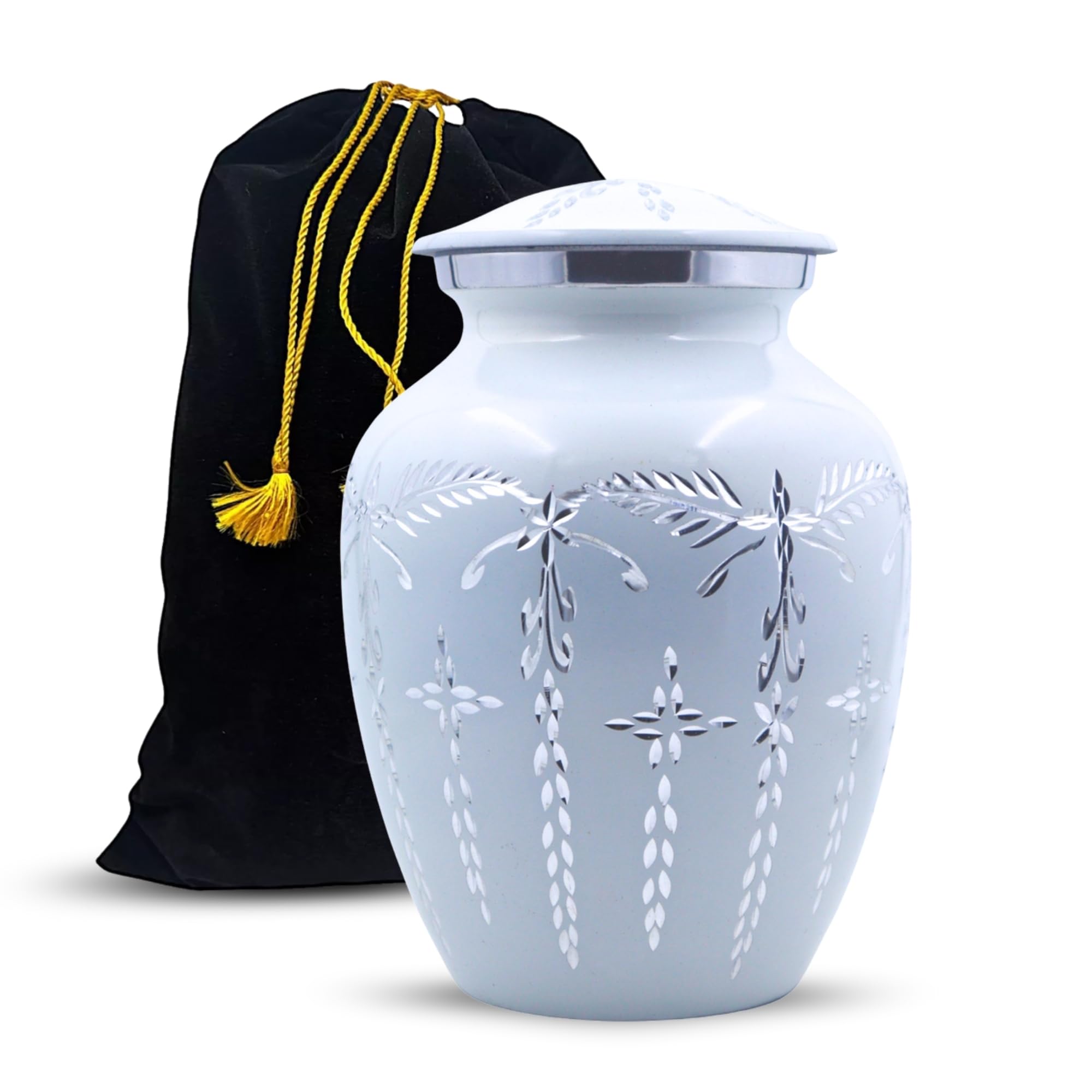 Aluminium Cremation Urn for Human Ashes Adult - Handcrafted Funeral Memorial Ash Storage - Affordable (5" x 5" x 7.5" - 100 lbs, Matte White) With Bag