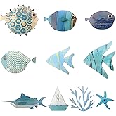 Simaixing 10 Pieces Fish Wall Decor Coastal Theme Wooden Beach House Decor with Adhesive Lake House Wall Art Gift for Home Nautical Fish Art Ornament for Living Room Bathroom (Blue)