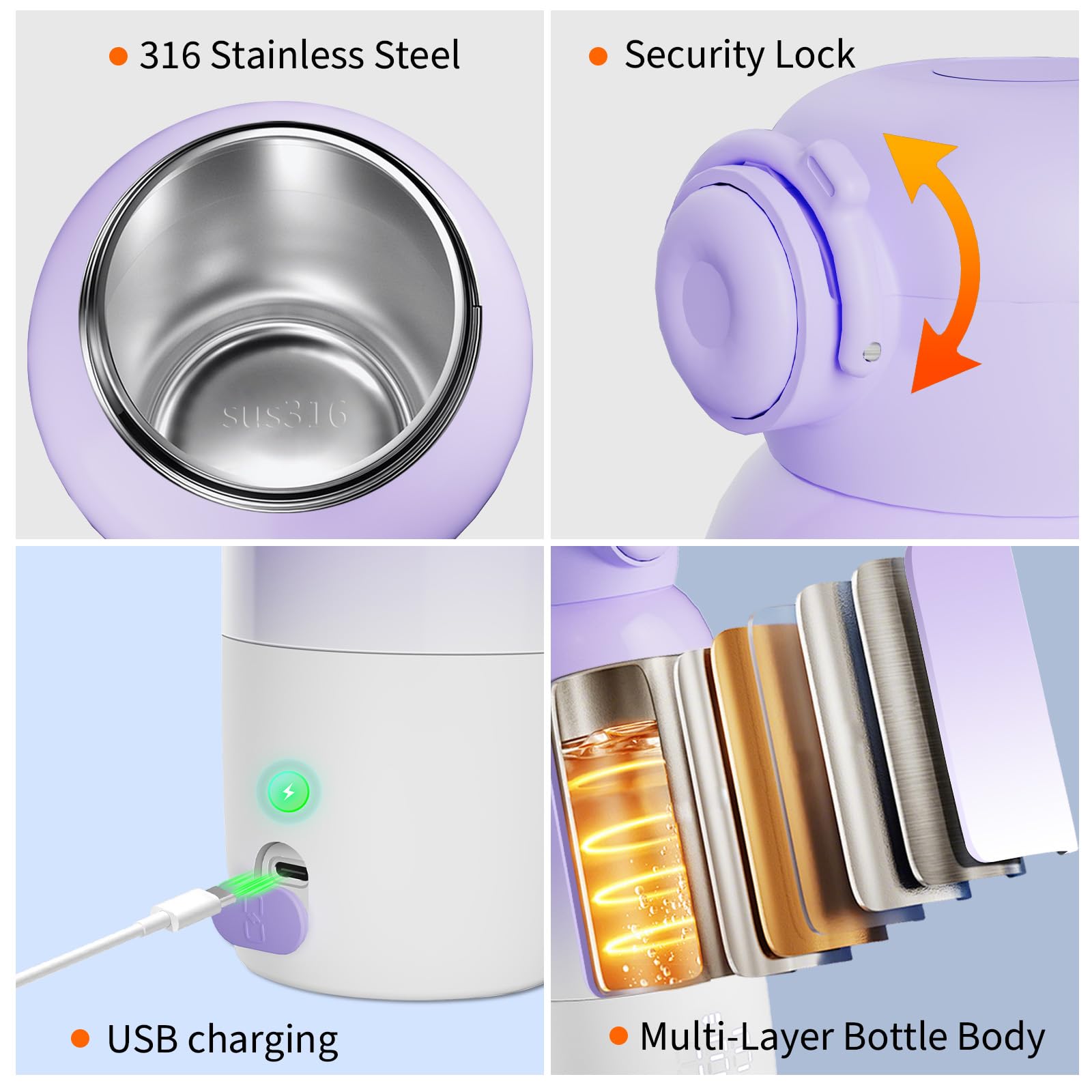 Portable Bottle Warmer for Travel - Large 12oz Capacity with Dual Heating Modes for Breast Milk & Water, Fast Heating Smart Temperature Control, Portable Milk Warmer Gifts for New Mom Purple