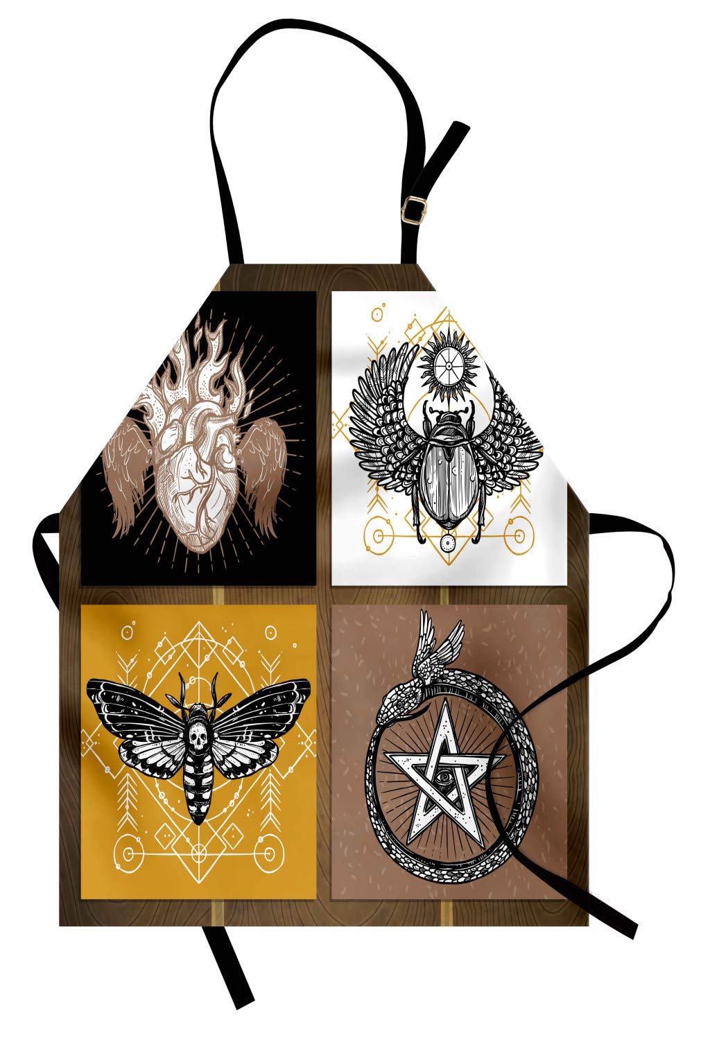ABAKUHAUS Occult Apron, Occult Themed Insects Print Forces of Nature and Mother Earth Boho Line, Unisex Kitchen Apron with Adjustable Neck for Cooking Baking Gardening, Brown Mustard