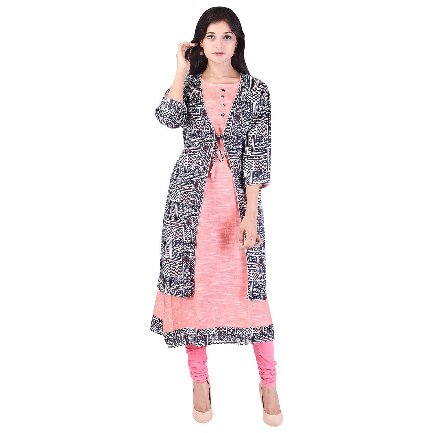 crazora women's long cotton kurti with printed jacket