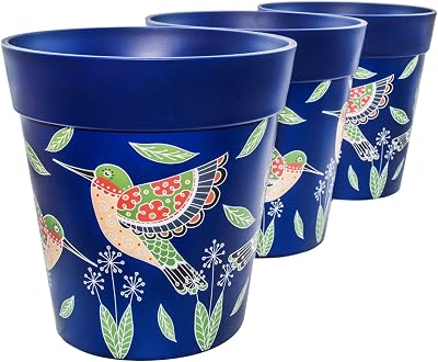Hum Flowerpots 22cm Set of 3 Blue Hummingbird Indoor Outdoor Plastic Pots