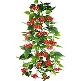 CISDUEO 2 Pcs Artificial Vines Silk Morning Glory Vines for Outdoor 15Feet Hanging Plants Garland Red Fake Green Plant Morning Glories for Home Decor Wall Fence Stairway Wedding Hanging Baskets
