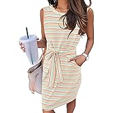 MEROKEETY Women's 2026 Summer Casual Dress Striped Sleeveless Crew Neck Tie Waist Beach Vacation Trendy Short T Shirt Dresses