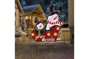 LIGHTSHINE Solar Metal Christmas Stakes Decor, Outdoor Christmas Decorations with Led Lights(2 Modes) for Porch, Lawn and Garden (Snowman and Penguin)