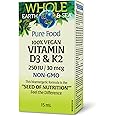 Natural Factors Whole Earth & Sea 100% Vegan Vitamin D & Vitamin K2 Supplement, Pure Food 250 IU / 30 mcg, 15 mL Liquid Suppl