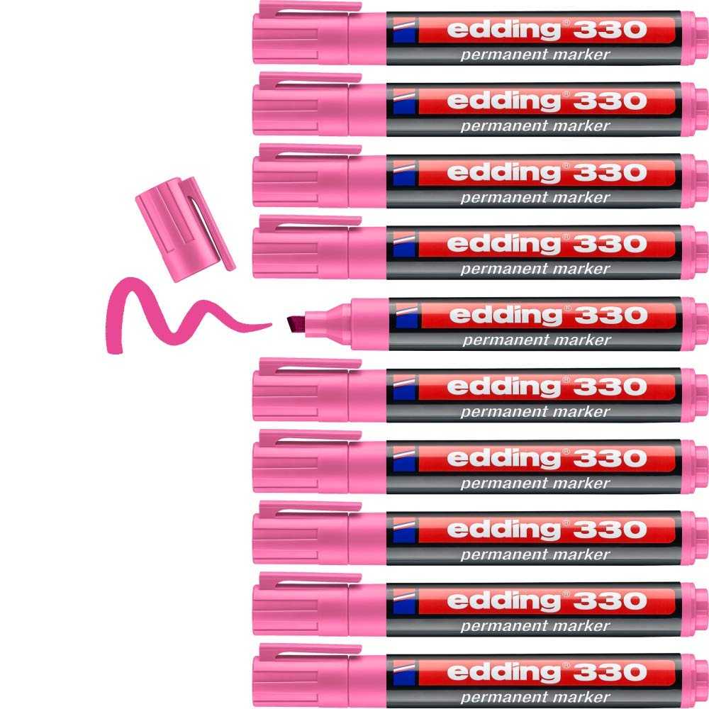 edding 330 permanent marker - pink - 10 pens - chisel tip 1-5 mm - waterproof, quick-drying, smear-proof pens - for cardboard, plastic, glass, wood, metal and fabric