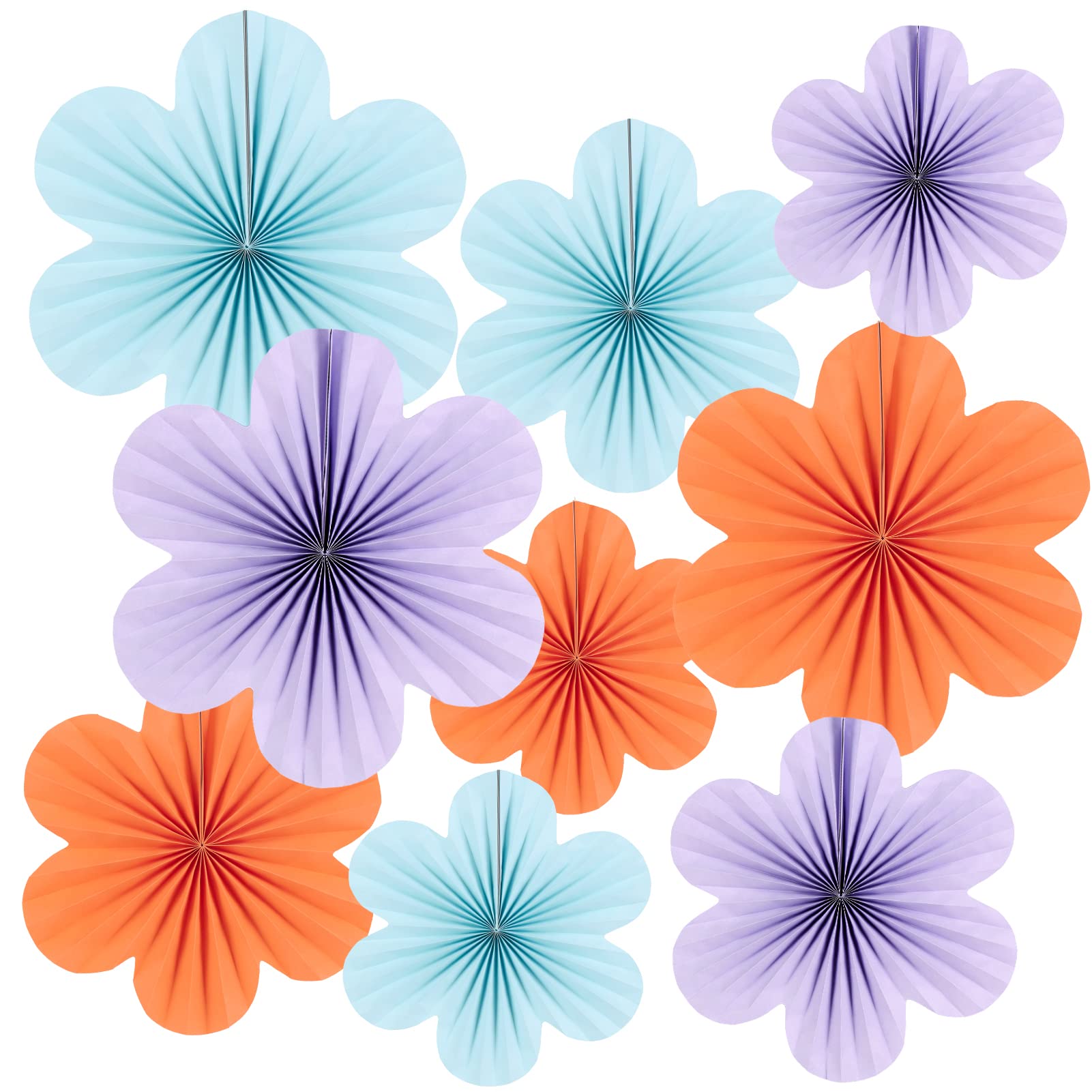 SUNBEAUTY 9pcs Paper Flowers Decorations for Wall Blue&Orange Party Decorations Hanging Paper Fans Flower Wall Decor for Birthday Baby Shower Spring Summer Tea Party and Home Classroom Decorations