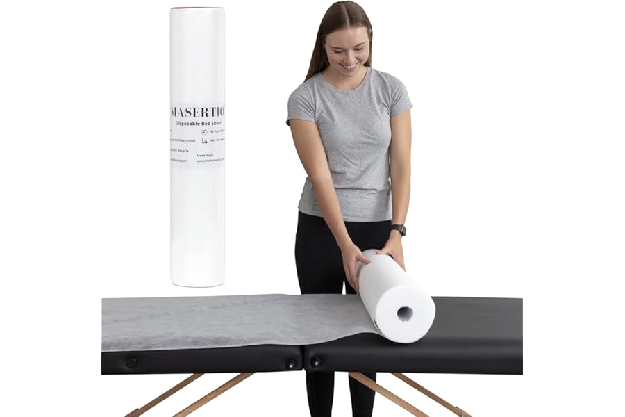 MASERTIO Disposable Massage Bed Cover – 60 Sheets Per Roll, Non-woven Disposable Material – Ideal for Spa, Massage Table, Tattoo, Waxing Table – No Crinkle Table Sheets – 31.5 x 71 Inches (1 Roll)