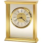 Howard Miller Monticello Brass Tabletop Clock &ndash; Quiet Quartz, Glass Panel, Roman Numerals, Polished Brass Bezel, Brushed Silver Dial Ring