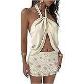 MakeMeChic Women's 2 Piece Fall Outfits Twisted Backless Crop Top and Sequin Beaded Mini Skirt Clothing Set
