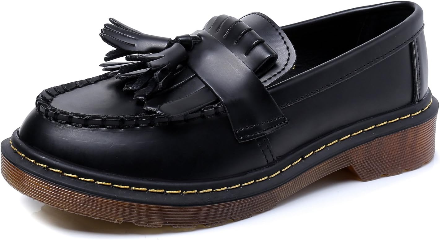 Smilun Girl's Loafers Flats Boat Shoes Smooth Leather Block Heel Western Heel for Girl Black UK3EU36