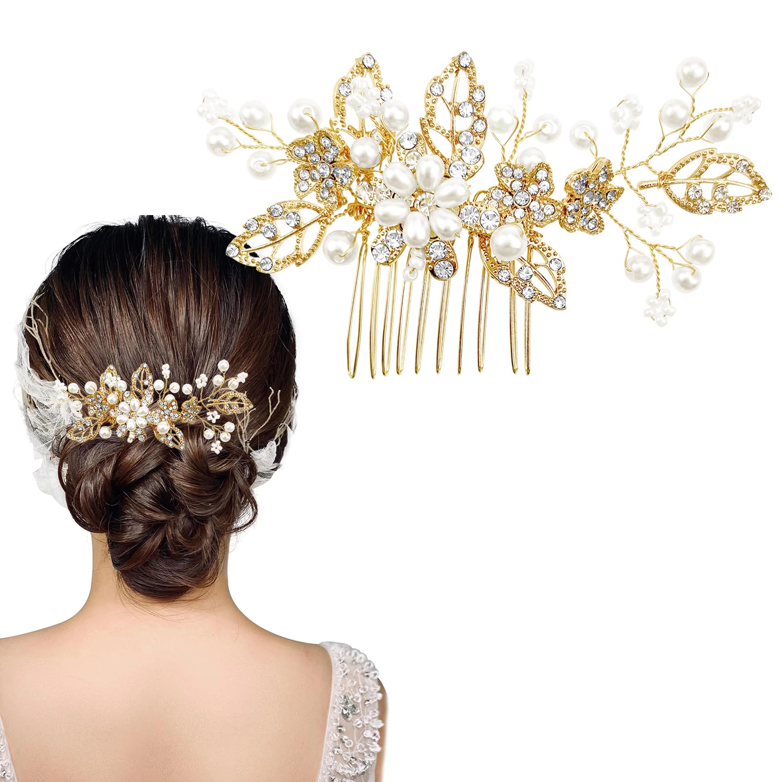Gold Crystal Bridal Wedding Hair Comb,Bride Wedding Hair Vine Hair Piece Flower Crystal Headpiece Sparkly Pearl Rhinestone Hair Accessories for Women and Girls