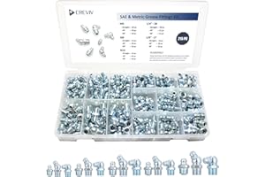 CREVIV 215-Piece SAE & Metric Grease Fitting Kit - M6/M8/M10, 1/4"-28, 1/8"-27 with Straight/45°/90° Angles - A3 Steel, Zinc Plated for Corrosion Resistance