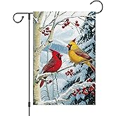 Wodison Winter Cardinal Bird Garden Flag 12x18 Inch Double Sided,Red Birds Holly Berry Snow Outdoor Farmhouse Christams Burlap Yard Flag