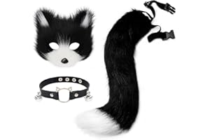 hbbhml Faux Fur Fox Mask Wolf Cat Fluffy Tail and Leather Necklace Set Halloween Party Cosplay Costume Accessory
