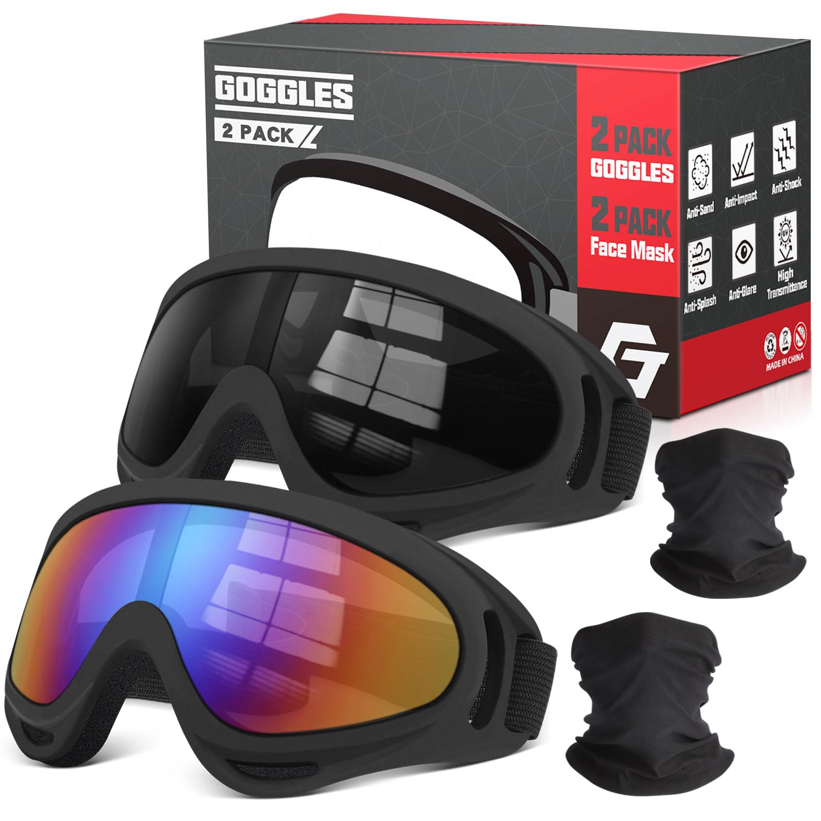 Photo 1 of Dirt Bike Goggles, 2-Pack Motorcycle Goggles ATV Goggles Anti-Impact Motocross Goggles Ski Goggles Windproof Glasses Racing Goggles UV Protection Dust-Proof, with 2 Face Mask (Gray Lens + Color Lens)