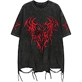 Verdusa Men Ripped Graphic Tees Short Sleeve Drop Shoulder Grunge Punk Oversized Tshirts Emo Scene Clothes Streetwear