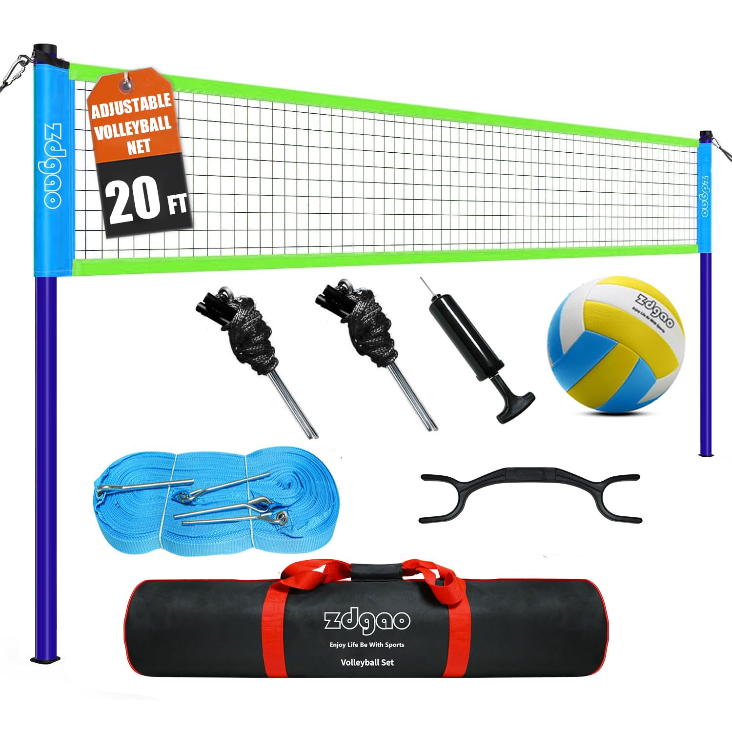 Photo 1 of 20ft Volleyball Net for Backyard,Adjustable Height Volleyball net Outdoor,Come with Volley Ball, Pump, Boundary Line, and Carry Bag for Backyard, Beach, Lawn, Easy to Set Up &Carry