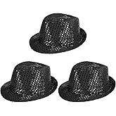 YeeHeen 3 Pieces Sequin Fedora Hat Unisex Western Dance Jazz Hat Shining Disco Cap