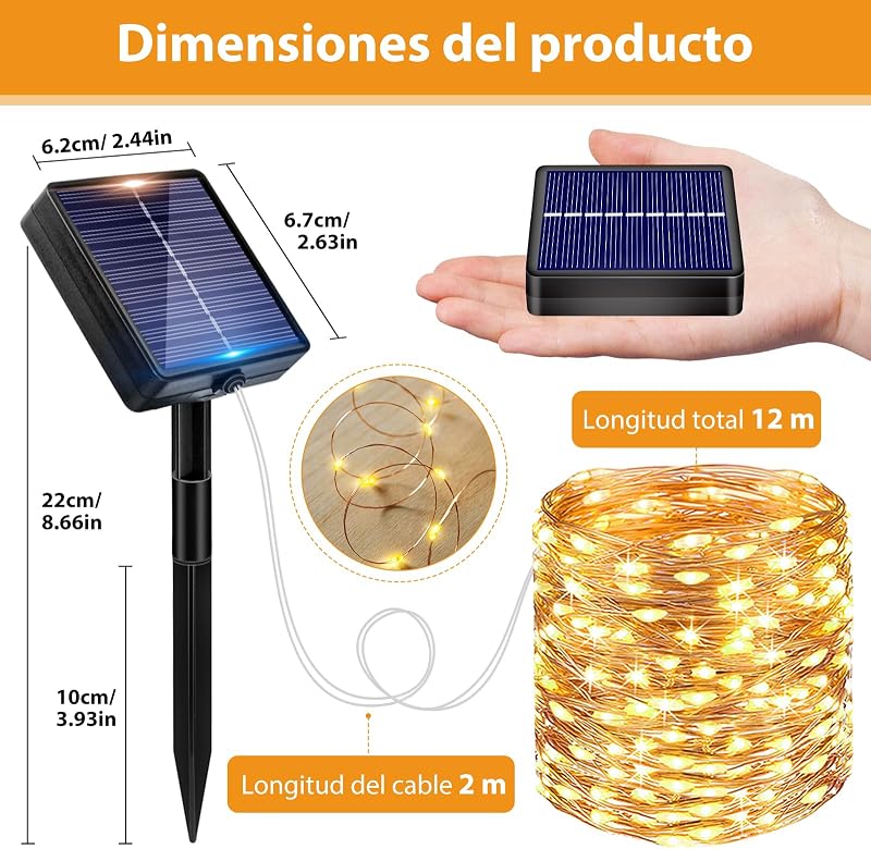 Guirlandas de luzes solares para exteriores peasur - pacote com 3 12 + 2m / 120led luzes solares led para jardim ao ar livre luzes solares para exteriores de natal luzes solares para exteriores para jardim para decoração de árvores ao ar livre, quente